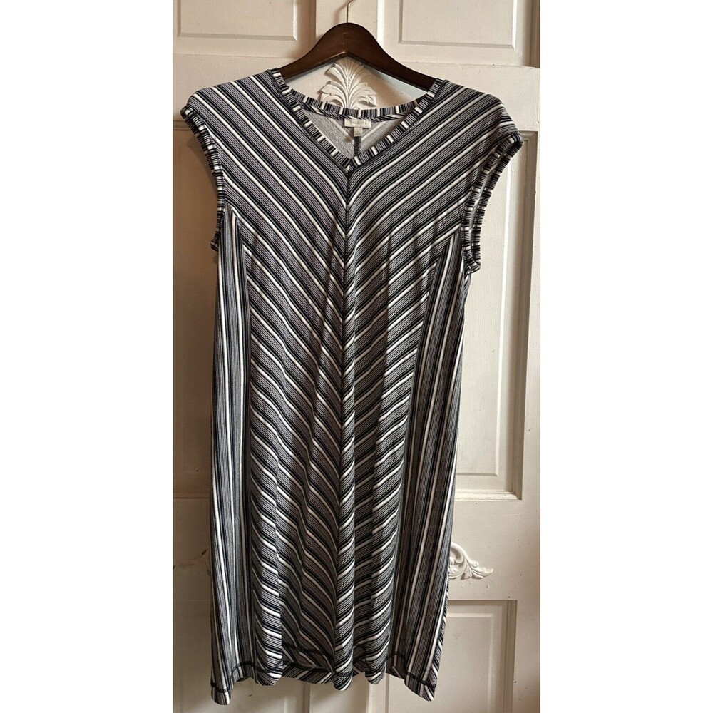 T by Talbots Dress Women Small Black White Striped Stretch Midi Sleeve V-Neck